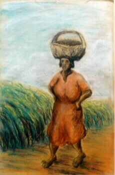 Joe Cauchi: woman with basket pastel - (c) 2001
